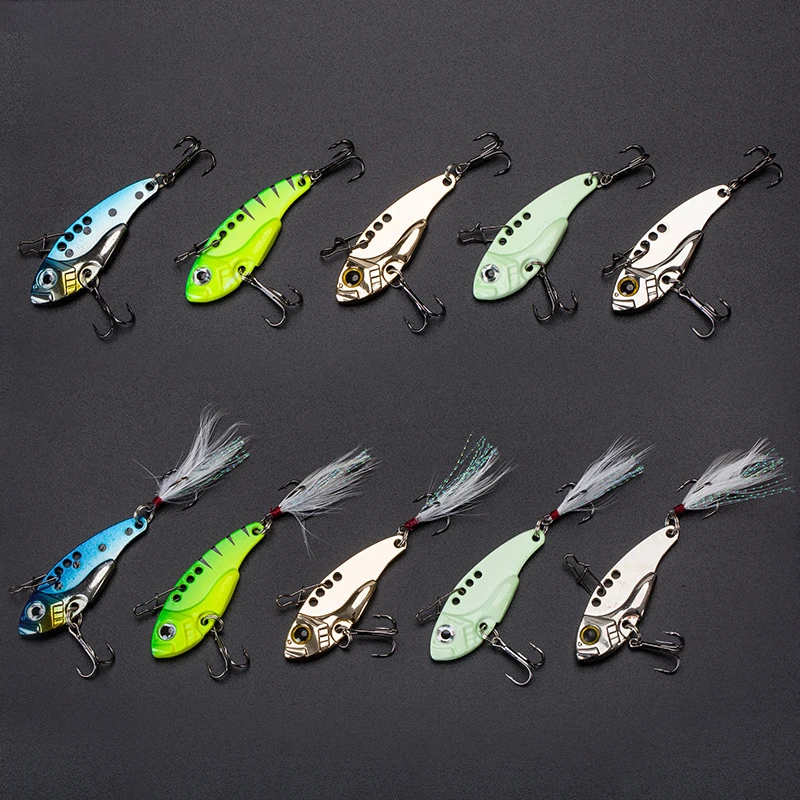 Hot Sale 7/9/12g 3D Eyes Metal Vib Blade Lure with Feather Sinking Vibration Baits Artificial Vibe for Bass Pike Perch Fishing