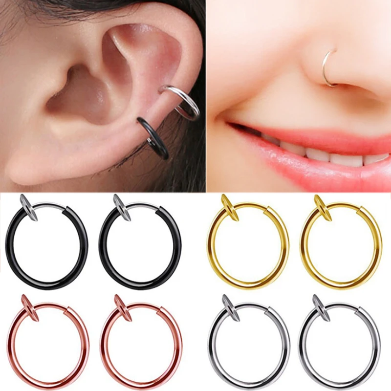 2pcs Fashion Charm Fake Nose Ring Goth Punk Lip Ear Nose Clip On Fake Piercing Nose Lip Hoop Rings Earrings Gold Body Jewelry