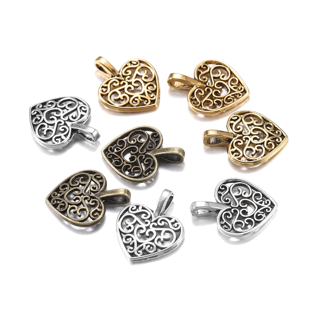 30pcs/lot Tibetan Bronze Plated Hollow Out Heart Antique Pendants Findings DIY Charms Bracelet Jewelry Making Supplies