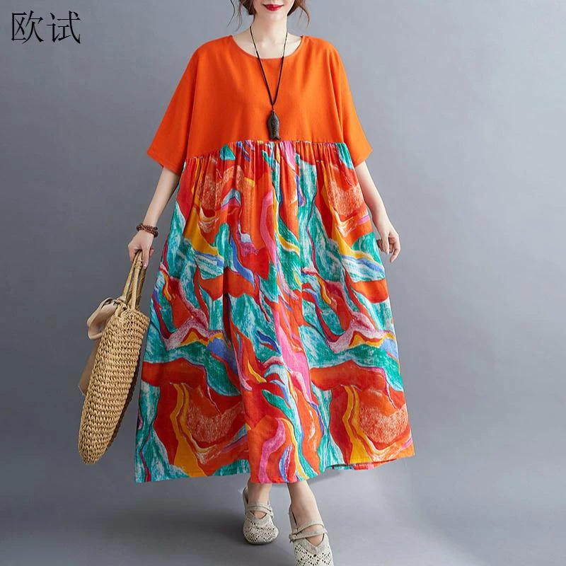 Oversized Cotton Casual Summer Dress Patchwork Women Ladies Dresses New Fashion Woman Long Loose Oversize Floral Dress 2021