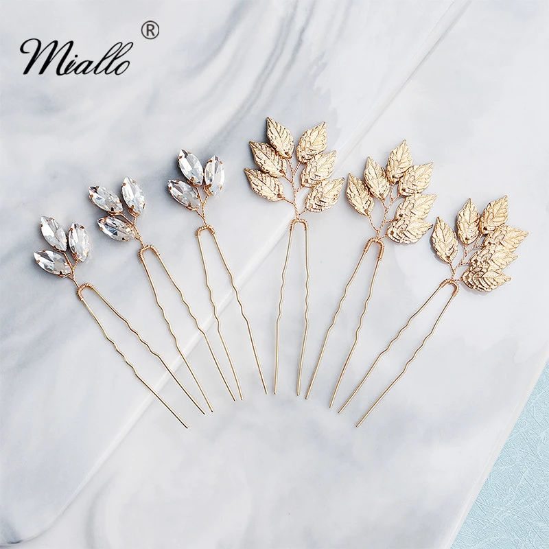 Miallo 6pcs/lot Leaves Crystal Wedding Hair Pins Bridal Hair Clips Jewelry Accessories Headpieces for Women Hairpins