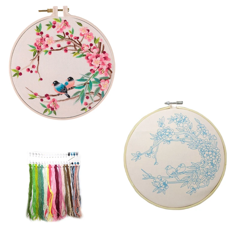 DIY Flower Pattern Printed Embroidery Kit Embroidery Hoop Cross Stitch Needlework Handmade Sewing Art Craft Painting Home Decor