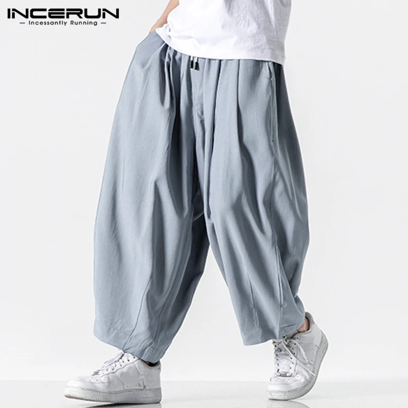 Men Wide Leg Pants 2021 Drawstring Joggers Plain Pockets High Street Casual Trousers Men Baggy Fashion Harem Pants INCERUN S-5XL