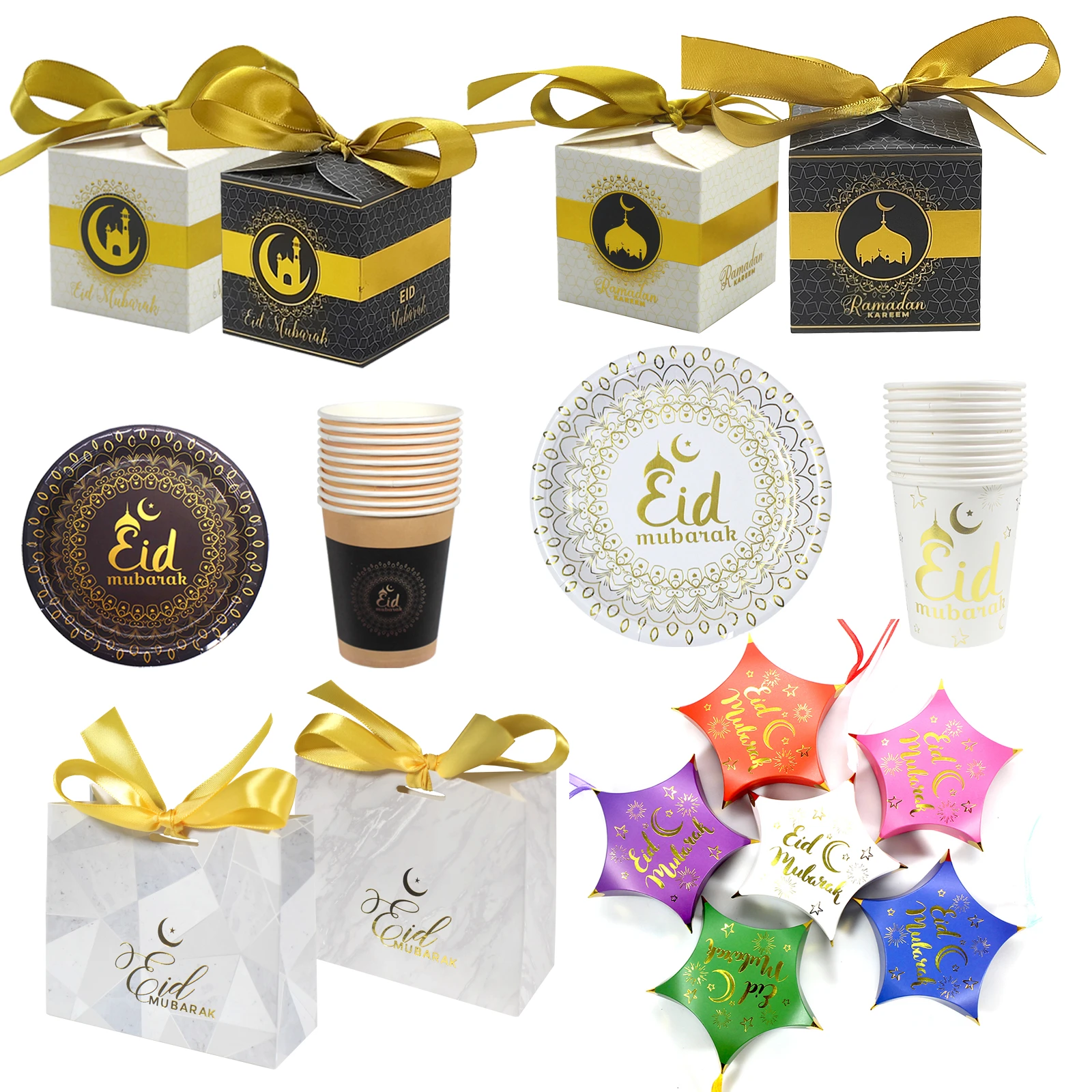 New EID Mubarak Disposable Dinner Plate White Black Ramadan Hajj Islamic Party Candy Boxes Muslim Festival Decoration Supplies