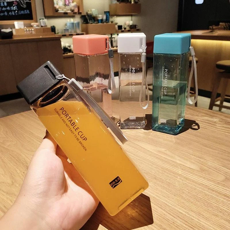 Food Grade PP Water Bottles 6 Colors Transparent Square Cup Cold Juice Water Sports Cup With Portable Milk Rope Sport Water Cup