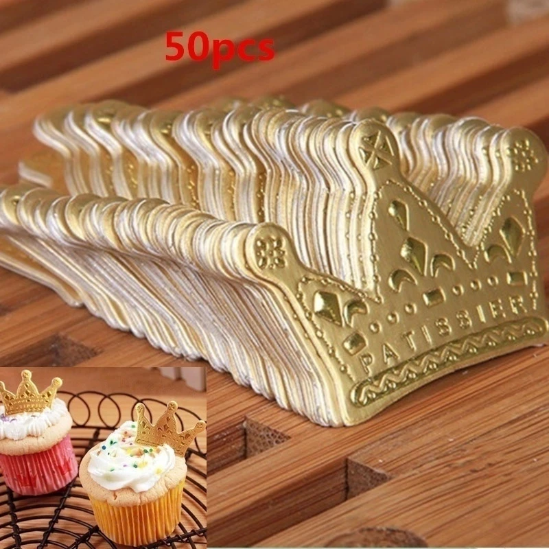 50Pcs/lot Gold Princess Crown Cake Topper Favors Party Cupcake Picks Wedding Birthday Decorations Accessories