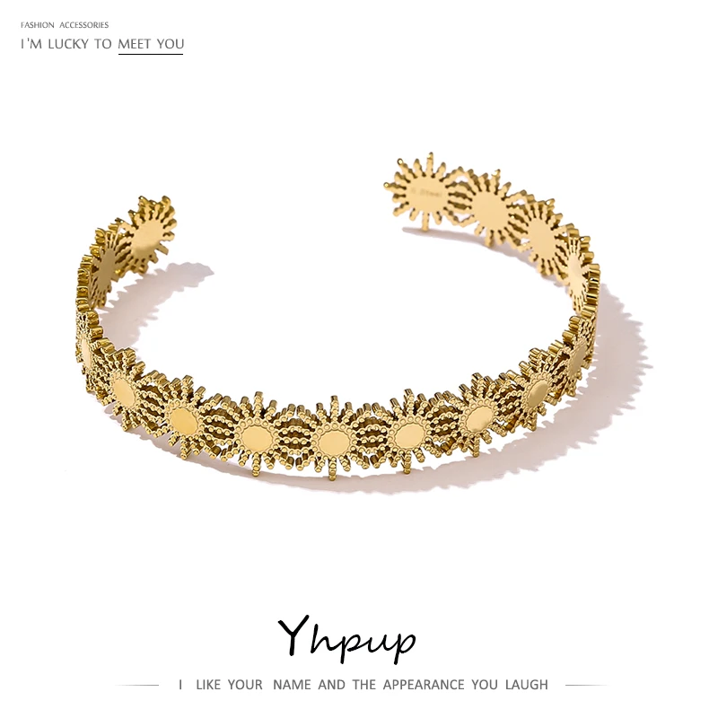 Yhpup Trendy Sun Flower Stainless Steel Bangle Bracelet Temperament Stylish 18 K Metal Cuff Bracelet for Women Accessories New