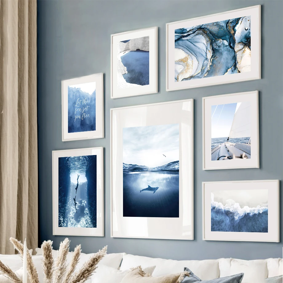 Wall Art Canvas Painting Blue Ocean White Sand Stone Hill Beach Nordic Posters And Prints Wall Pictures For Living Room Decor