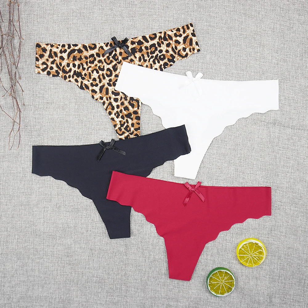 3pcs/lots Seamless Underwear Panties Thong Sexy String Intimate Leopard Print Super Thin Ice Silk Wholesale Low-rise Underpants