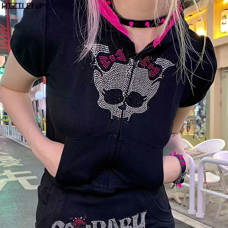 Rhinestone Skull Gothic Streetwear Short sleeve Black Zip Hoodie Y2k Hip Hop Crop top Sweatshirt Korean Fashion Punk Sport Coat