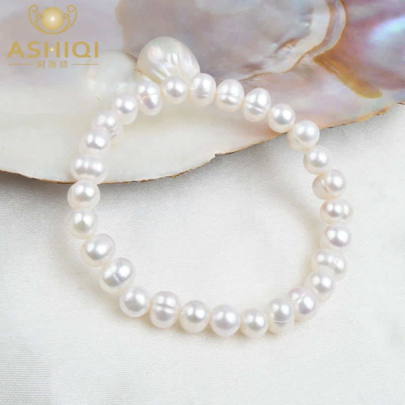 ASHIQI White Natural Freshwater Pearl Bracelet Bangle for Women Jewelry gift
