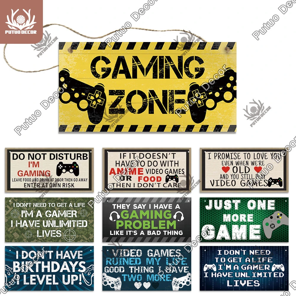 Putuo Decor Gamer Sign Wood Plaques Signs Wooden Wall Plaque for Man Cave Home DecorGame Room Door Hanging Decoration