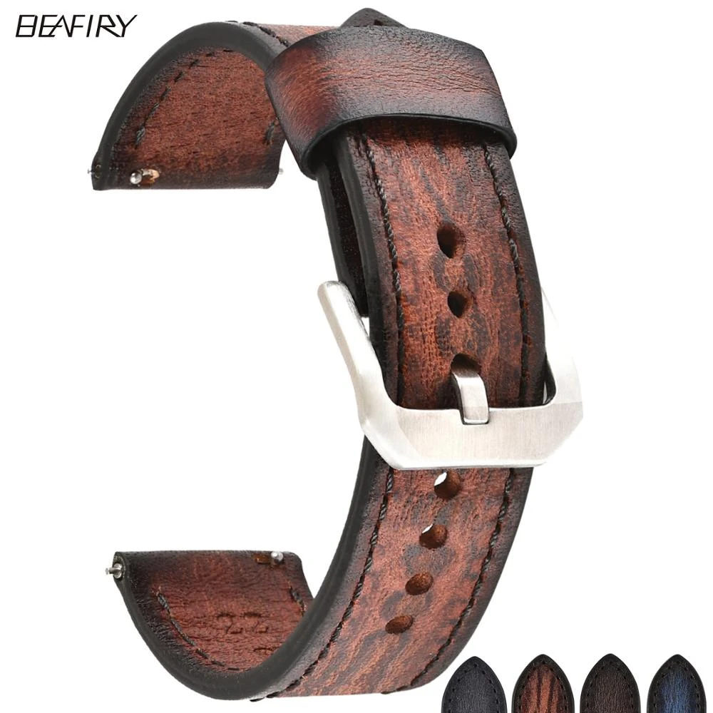 BEAFIRY Genuine Leather Watch Band 18mm 20mm 22mm 24mm Quick Release Watch Straps Watchbands Belt Brown Blue  Grey for Men Women