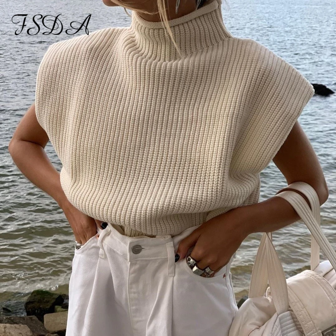 FSDA Turtleneck Sleeveless Vest Sweater Women 2020 With Shoulder Pads Knitted Pullover Autumn Winter Jumper Casual Tops Fashion