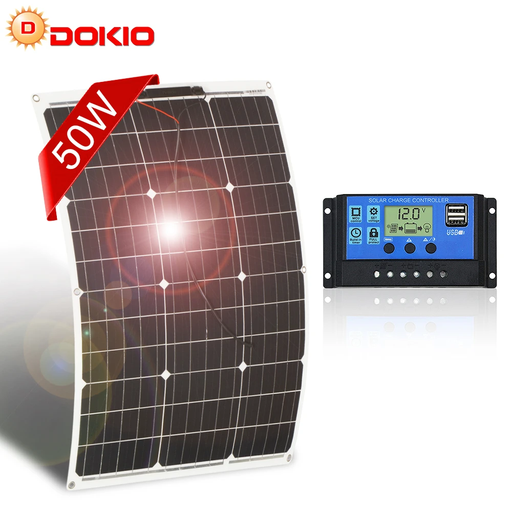 DOKIO 12V 50W Flexible Solar Panel China 12V Battery Charge Whterproof Monocrystalline Solar Panels Car/Boat 10A Controller