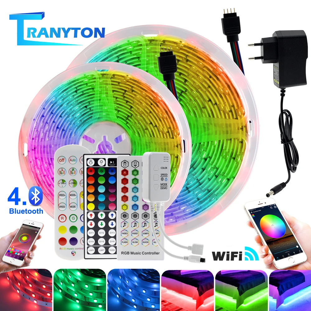 Wifi LED Strip 5050 RGB 5M/10M/15M/20M/30M DC12V Neon Tape Lamp + IR/Bluetooth/ Wifi Remote + Power Adapter for Home Decoration