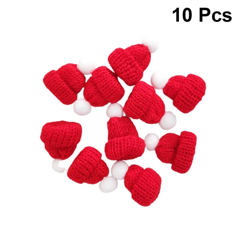 10PCS Knitted Small Christmas Hat Santa Claus Cap Cute Christmas Hats Headdress Party Favors DIY Handmade Accessories (Red) A35