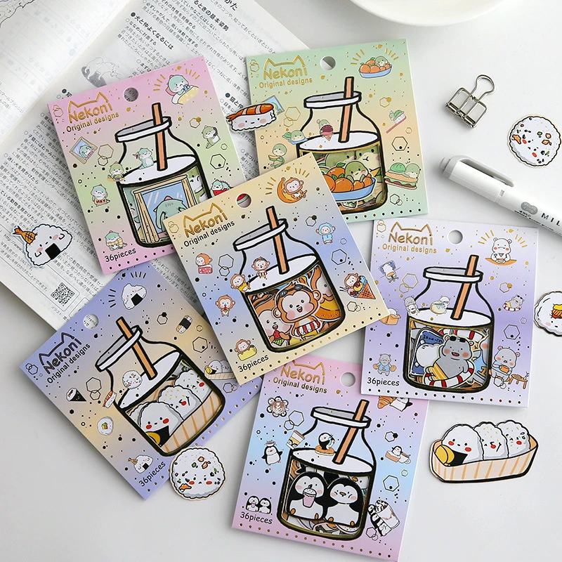 36 pcs/set Korean Import Brand Nekoni Cute Animals Sushi Stationery Stickers Scrapbooking  Little Diary Stickers