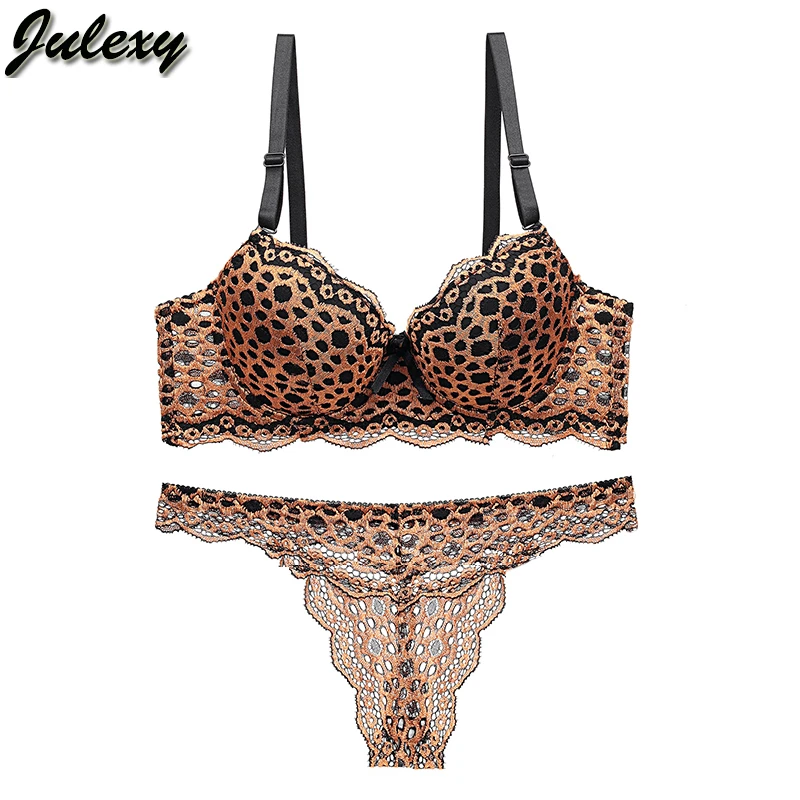Julexy New 2020 leopard print sexy hollow out bra set lace push up A B C Cup underwear set