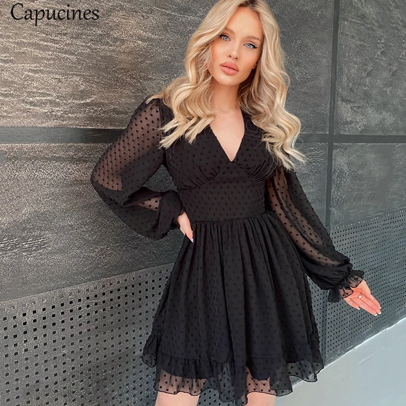 Capucines Sexy Deep V Neck Swiss Dot Chiffon Dress Summer Women Ruffles Trim Lantern Sleeve A Line Mini Dresses Vestidos 2021