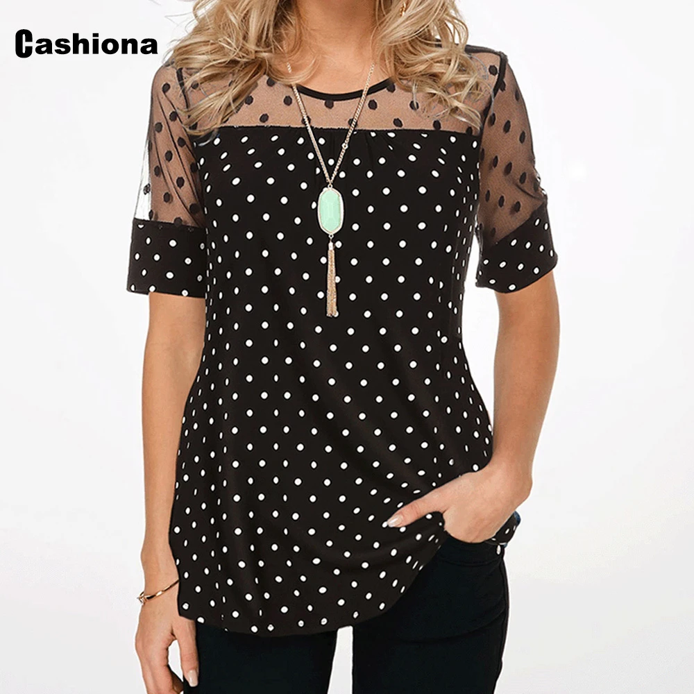 Women Summer Mesh Patchwork O-Neck Big Size 5xl Tunic Tops 2020 Casual Short Sleeve Dot Print Loose Oversize Tees Shirt feminina