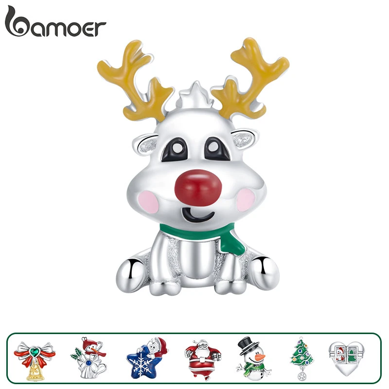 bamoer Cute Reindeer Metal Beads for Women 925 Sterling Plated Silver Charm Jewelry for Bracelet Bangle Christmas Gifts BSC375
