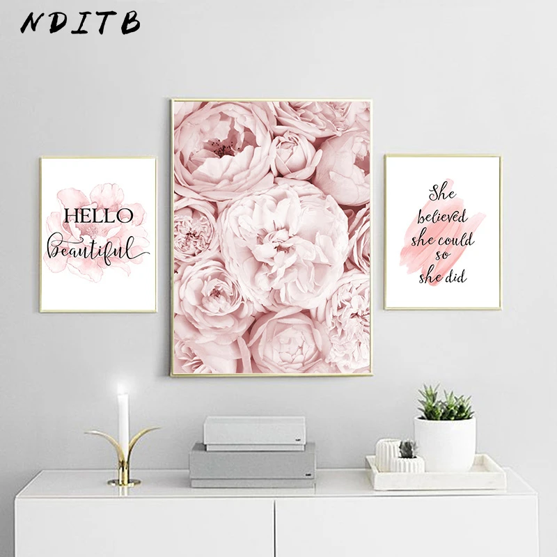 Pink Peony Flower Poster Nordic Style Fashion Quotes Wall Art Print Canvas Painting Modern Picture Girl Room Home Decoration