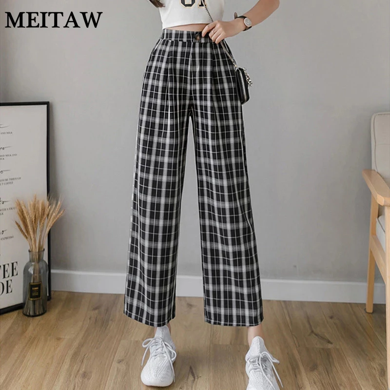 2021 Summer Spring Women High Waist Wide Leg Trousers Vintage Plaid Print Pants Casual Korean Elastic Waist Loose Pants