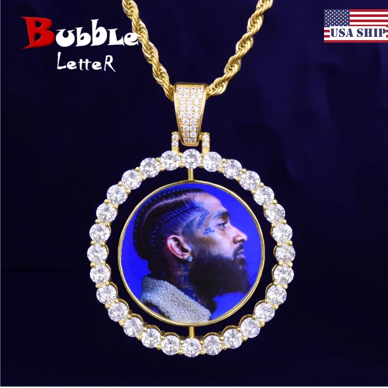 Custom Made Photo Rotating Double-Sided Medallions Spinning Pendant Necklace Zircon Men Hip Hop Jewelry