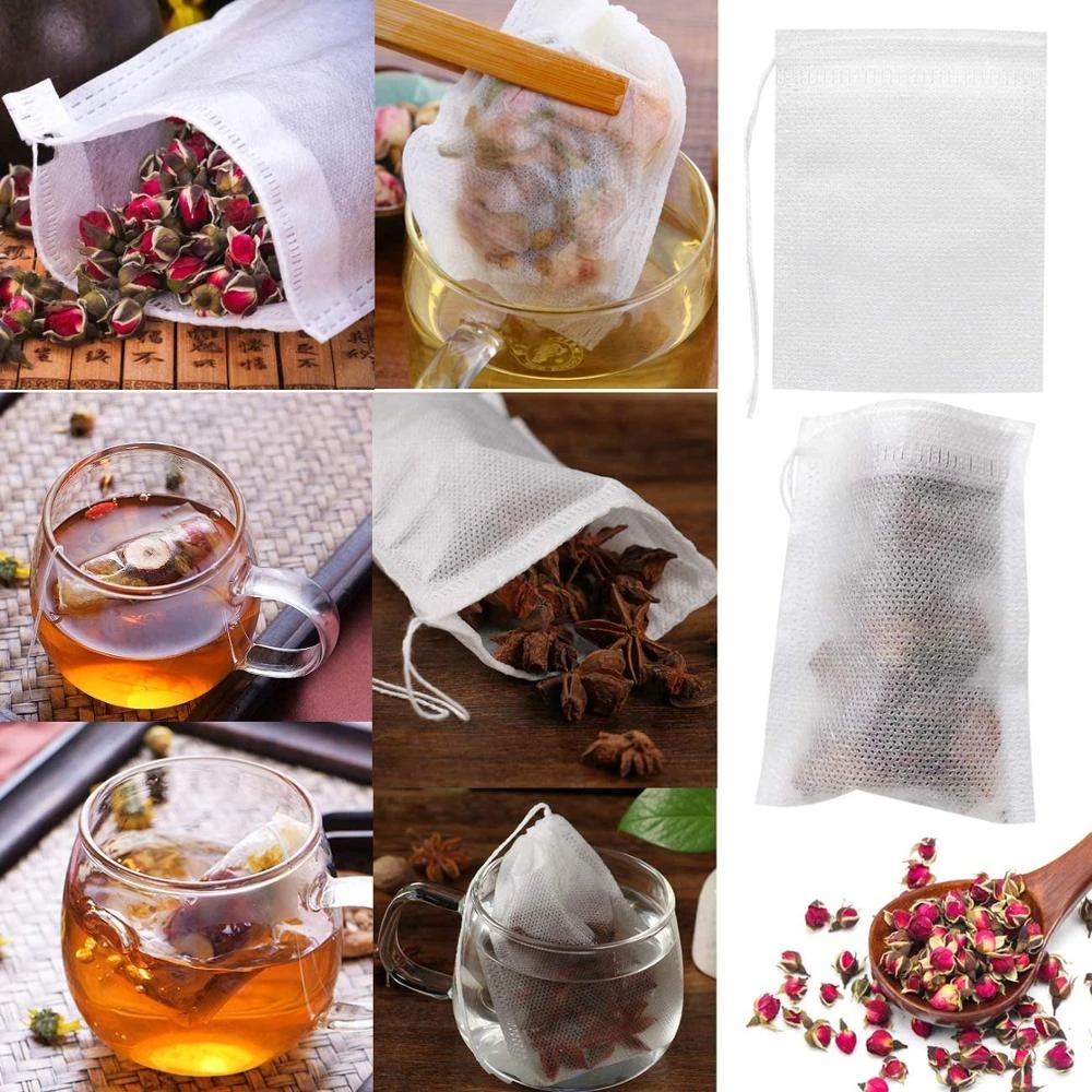 100 Pcs Disposable Tea Bags Filter Bags for Tea Infuser with String Heal Seal, Food Grade Non-woven Fabric Spice Filters Teabags