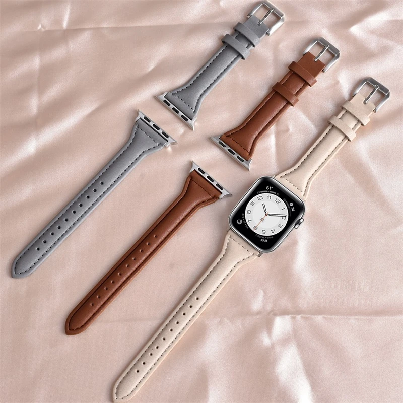 Genuine cow Leather Metal slim bands for apple watch series 7 6 SE 5 4 3 38MM 42MM Strap Bracelet for Iwatch 40MM 44MM 41MM 45MM