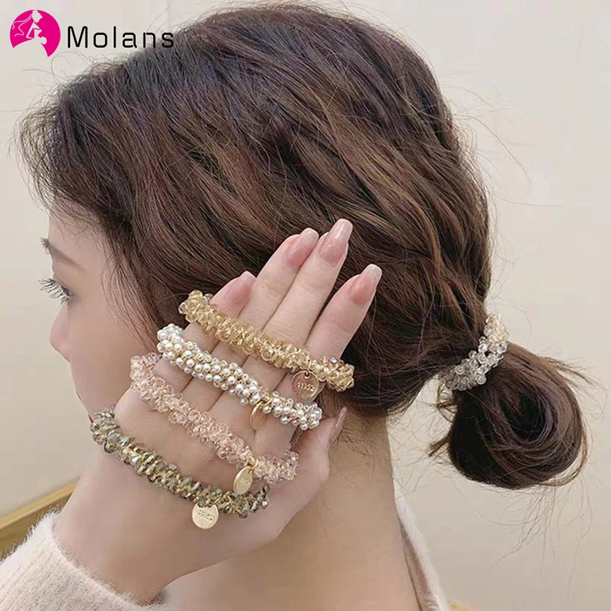Molans Multicolor Beads Hair Tie Elastic Hair Rope Simple Metal Sheets Scrunchies Ponytail Headdress For Women Accessories