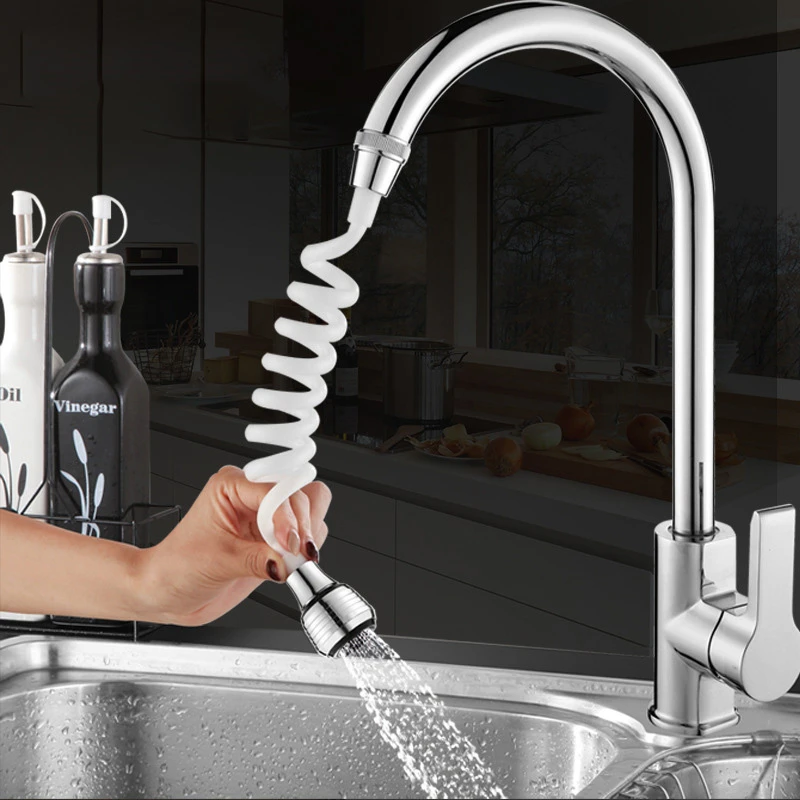 Kitchen Faucet Extension Extender 360 Rotatable Long Hose Portable Pullable Foaming Bathroom Shower Faucet Spring Tube White 1PC