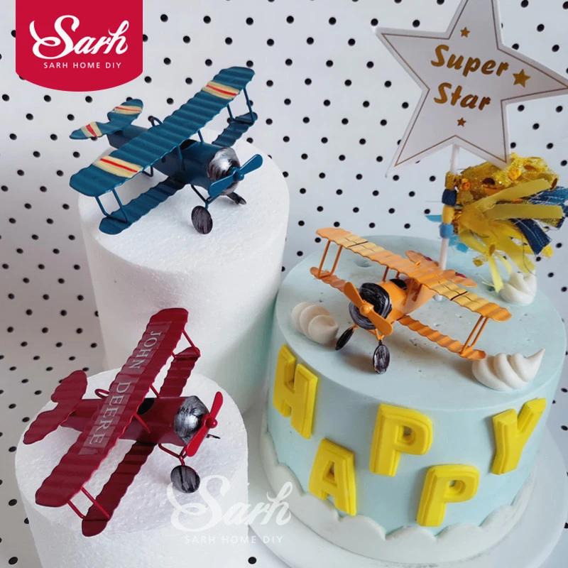 Red Blue Yellow Retro Airplane Cake Decorations Birthday Party Decorations for Baking Cute Gifts