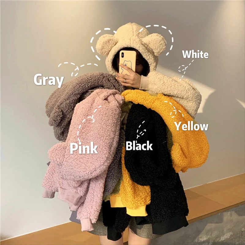 QRWR 2020 Women Hoodie Korean Style Winter Casual Cute Kawaii Warm Sweatshirt Loose Female Pocket Oversized Hoodies for Girls
