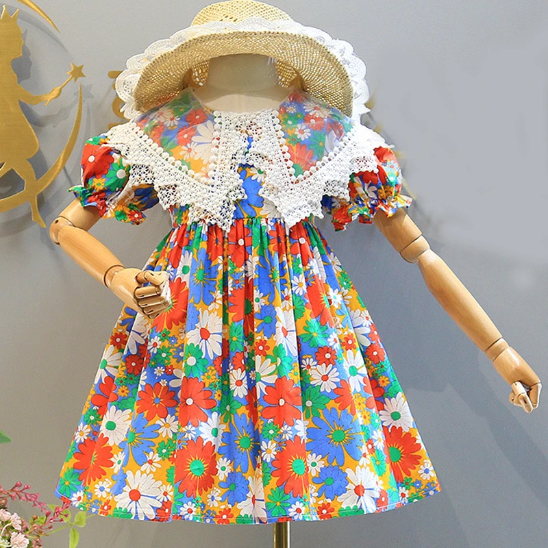 Girls Dress No Hat European American Style Summer New Children'S Clothing Girls Baby Kids Princess Party Lace Lapel Floral Dress