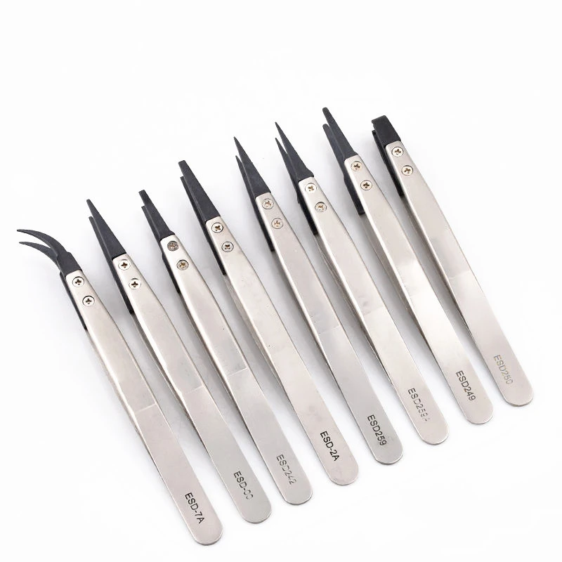 8pcs High quality ESD Tweezers With Replaceable Tips Full Stainless Steel Body Carbon Fiber Conductive Plastic