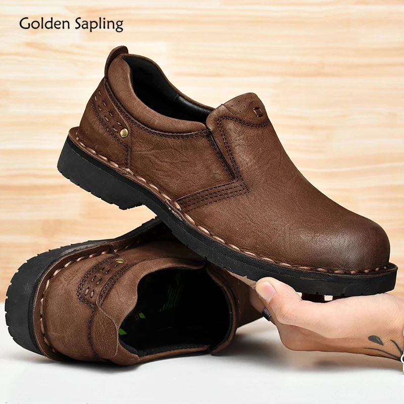 Golden Sapling Vintage Loafers Genuine Leather Men's Casual Shoes Breathable Driving Flats Retro Fashion Sewing Men Leisure Shoe