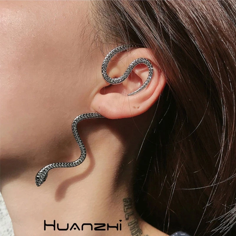 HUANZHI New Fashion Punk Snake Shape Hip Hop Crystal Gold Silver Color Metal Plated Stud Cuff Earrings For Women Girls Jewelry