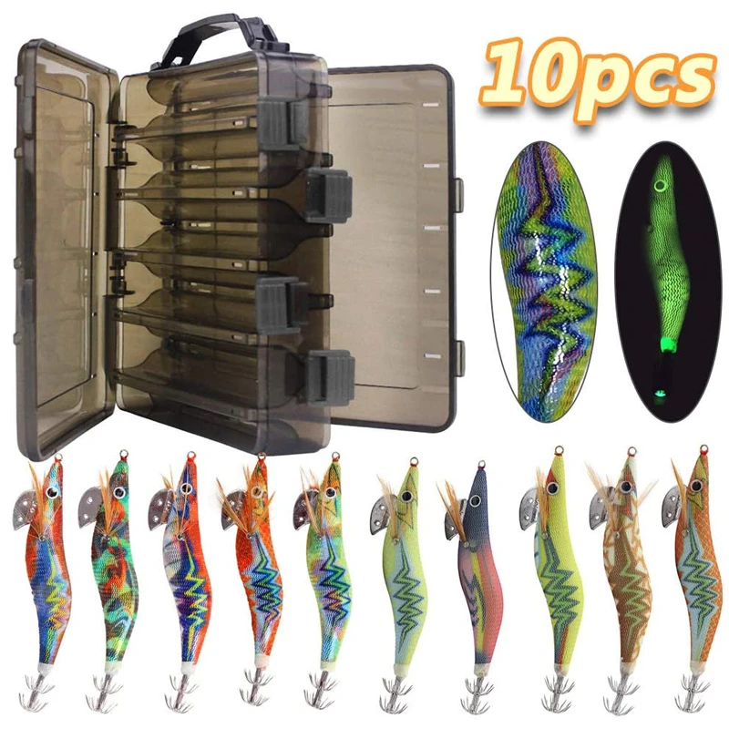 10pcs/box Luminous Squid fishing bait hooks Wooden Shrimp jigs Fishing Lures hook 12g 15g  Artificial bait with double layer box