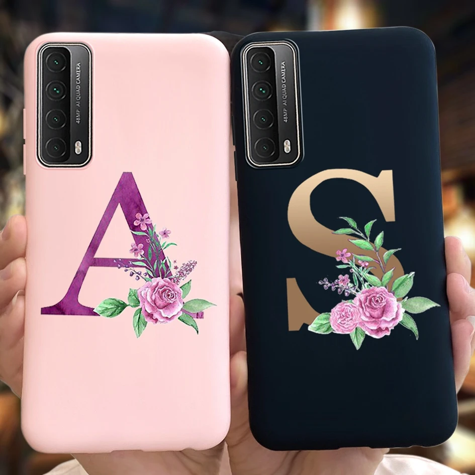 For Huawei Y7A Case 2020 Letters A S Flower Painted Black TPU Phone Case for Huawei Y7A Y 7a Back Cover Soft Silicon Shell Coque