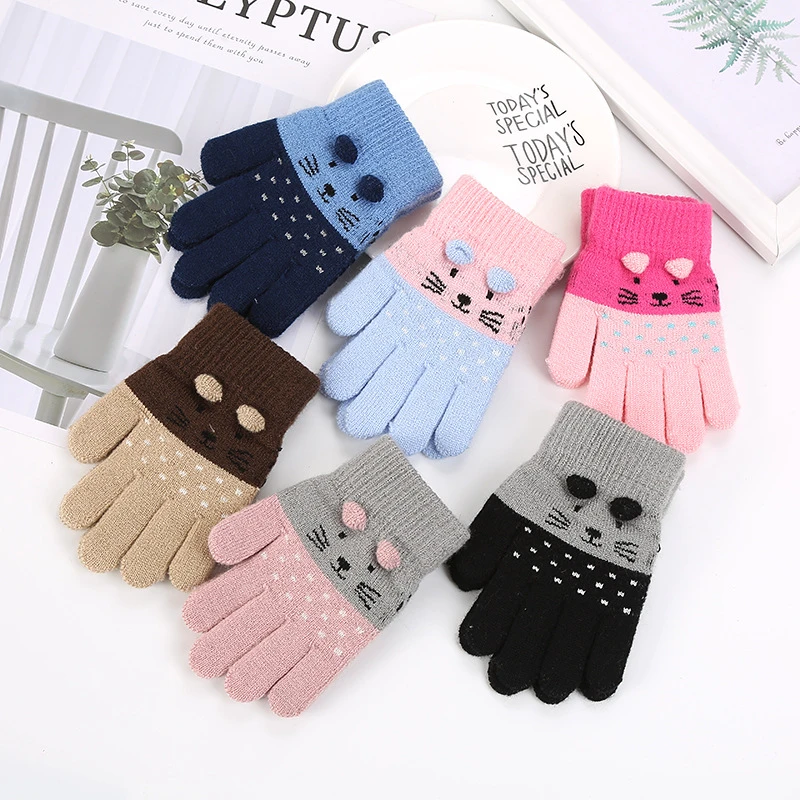 Girls Cute Cartoon Cat Gloves Winter Thick Knit Boys Kids Newborn Mittens Children Keep Finger Warm Gloves For Baby 3-7Years Old