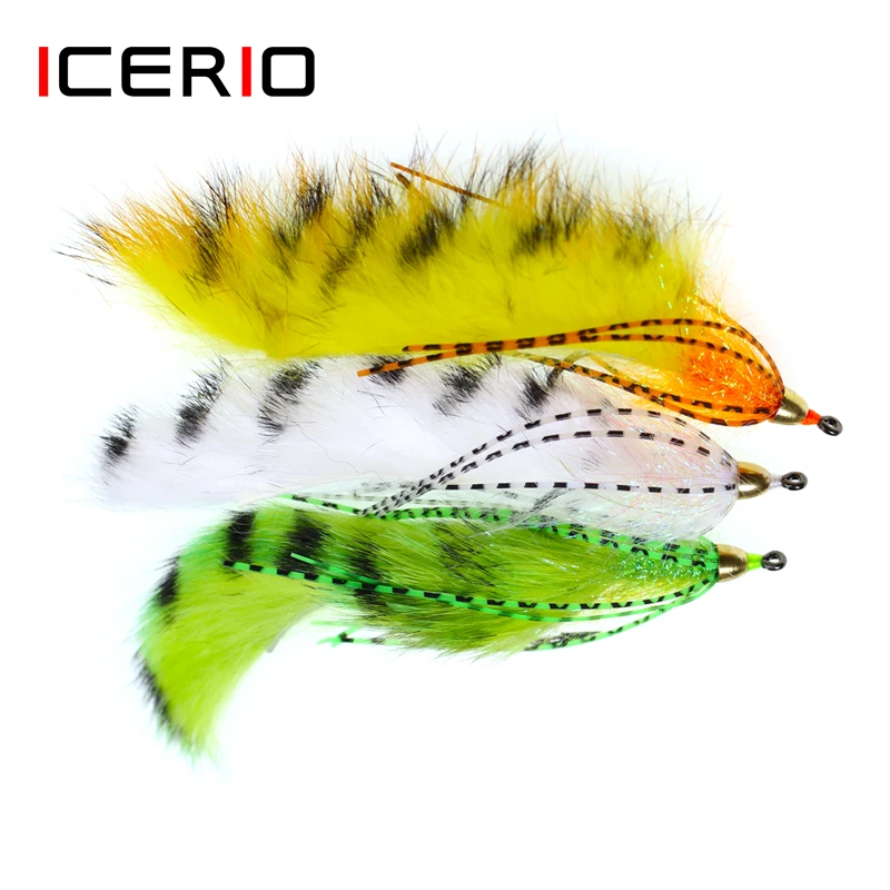 ICERIO 3PCS Brass Cone Heads Barred Zonker Streamers Flies Trout Bass Fishing Fly Lure Baits 1/0