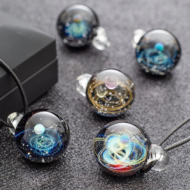 Universe Nebula Handmade Glass Planets Pendant Necklace Galaxy Rope Chain Solar System Design Necklace for Women Christams Gift