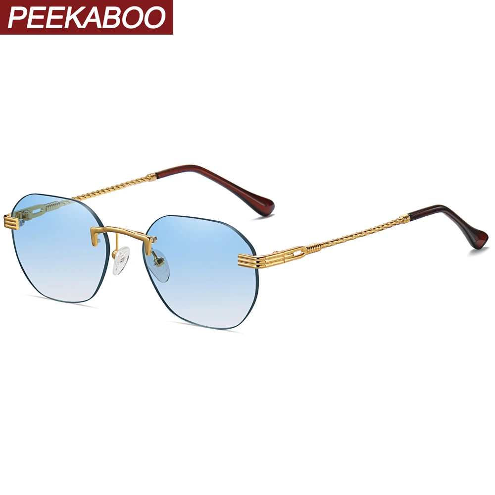 Peekaboo brown frameless gold metal ladies sunglasses rimless gradient lens blue fashion sun glasses for men uv400 summer 2021