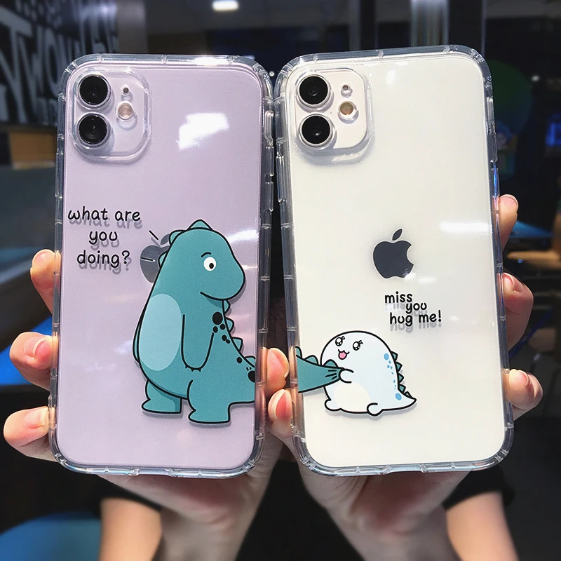 Cute Cartoon Animal Dinosaur Couple Phone Case For iPhone 13 Pro Max 12 11 X XS XR 7 8 Plus SE Transparent Soft Shockproof Cover