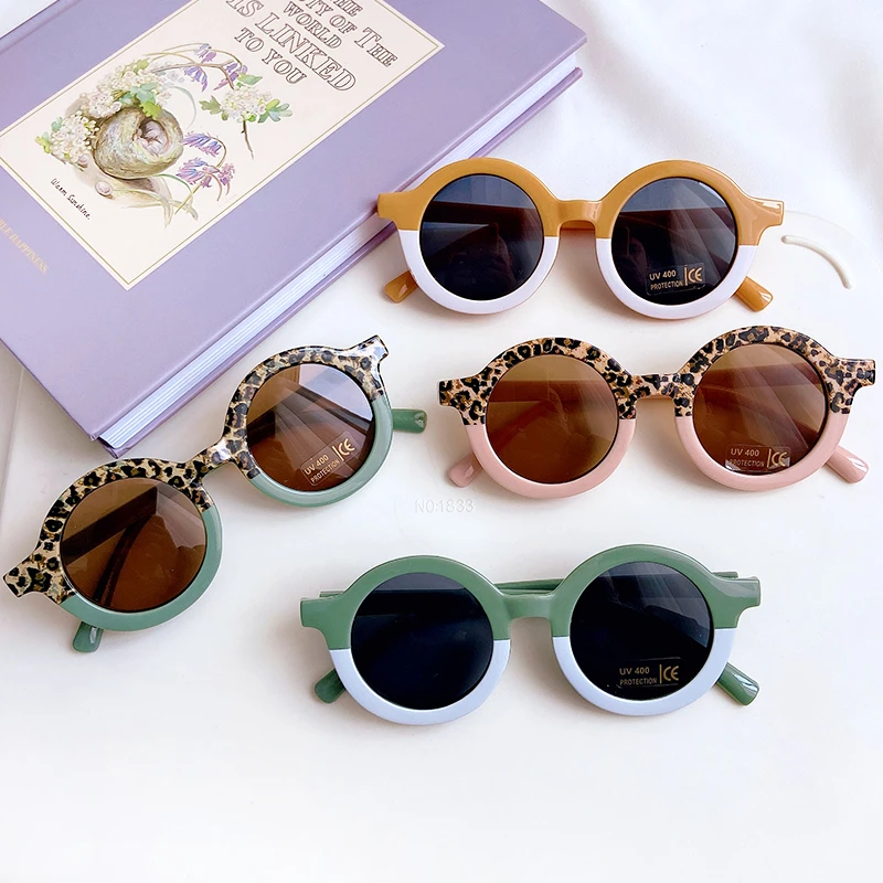 New Children Cute Cartoon Bear Shape Round Sunglasses Girl Boy Leopard Double Color Vintage Sunglasses UV Protection Classic Kid