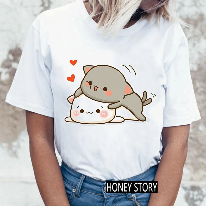 Ladies Streetwear Kawaii Pattern O-Neck T shirt Fashionable Women Harajuku Funny Peach Cat T-shirt Tops Casual Women Tshirt