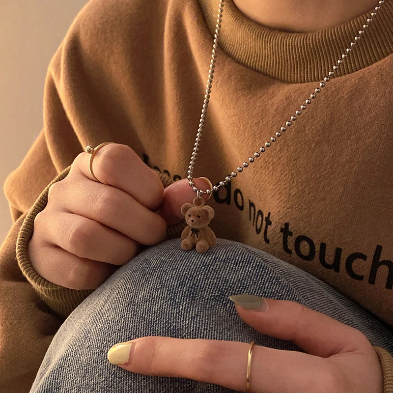 CuteTeddy Bear Pendant Necklace for Girls Women Korean Fashion Kawaii Bear Long Sweater neck Chain Necklaces Cute collar Jewelry