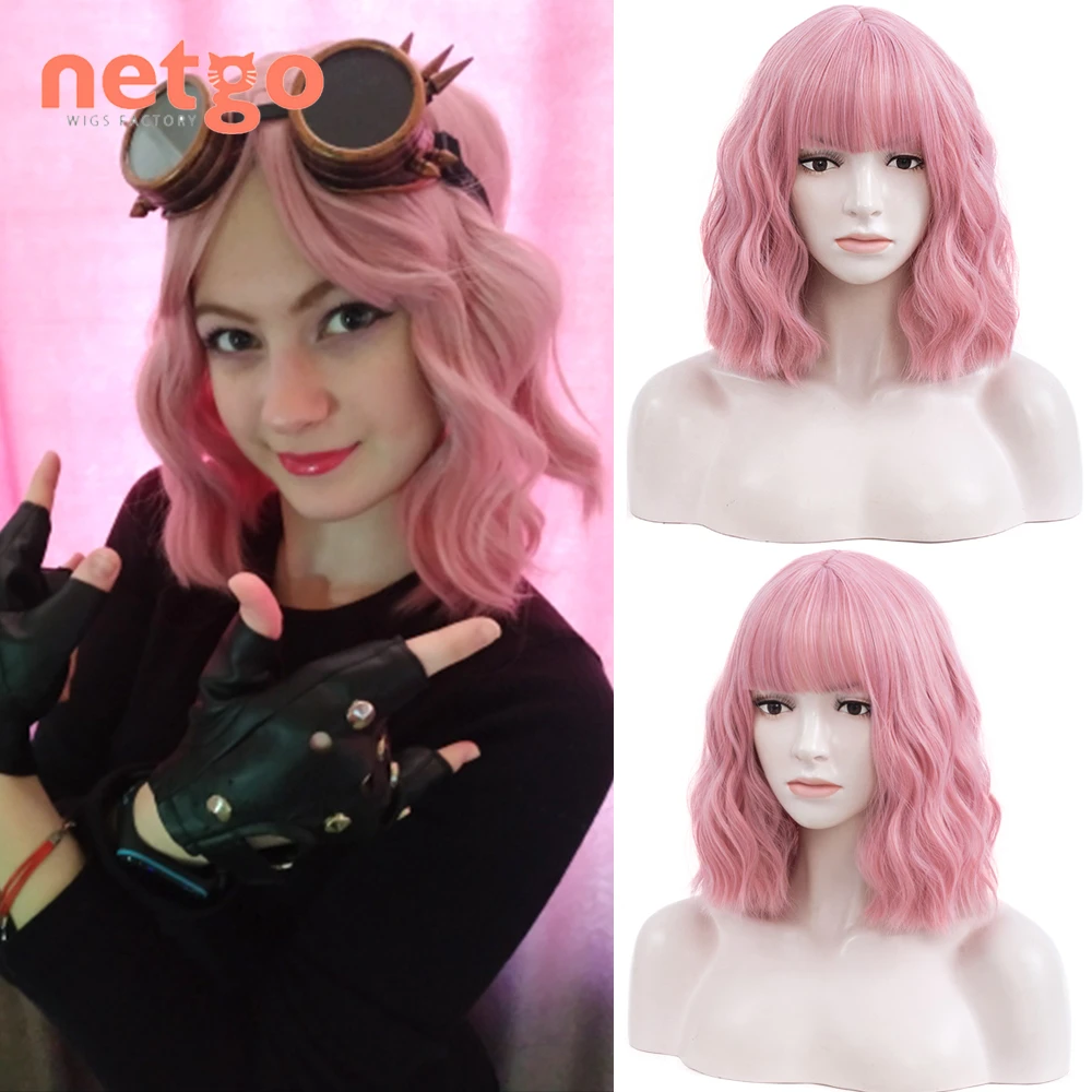 Netgo Short Bob Wavy Synthetic Wig with Bangs Pink Blonde Black Bob Hair Heat Resistant Wig for Women Party Cosplay Daily Wear